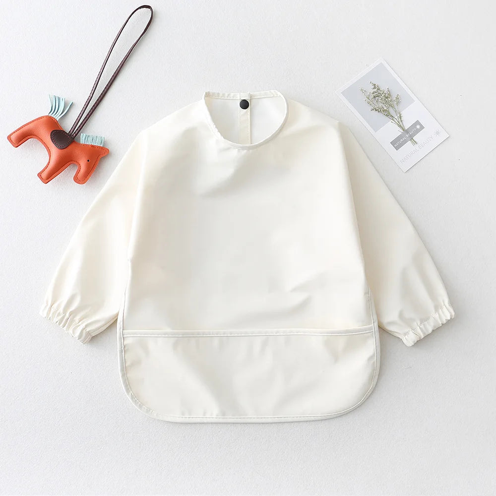 Solid Colour Baby Feeding Smock - Waterproof Long Sleeve Apron with Pocket White