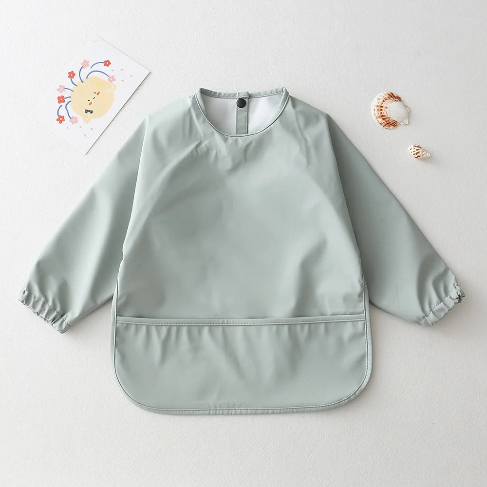 Solid Colour Baby Feeding Smock - Waterproof Long Sleeve Apron with Pocket green Sage