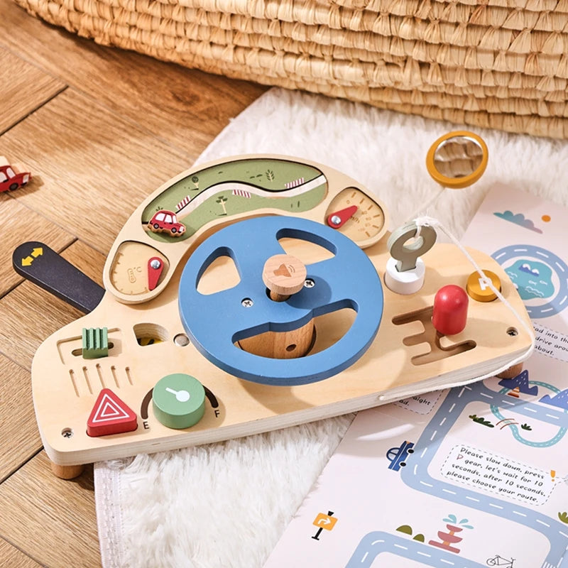 Wooden Steering Wheel Toy - Car Console Busy Board for Toddlers | Sensory Early Education Gift