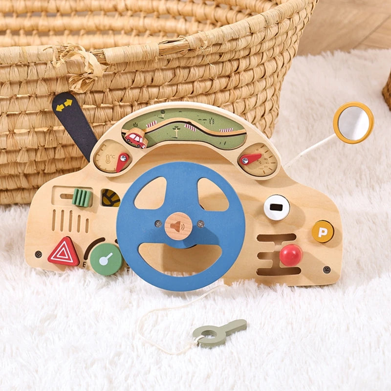 Wooden Steering Wheel Toy - Car Console Busy Board for Toddlers | Sensory Early Education Gift