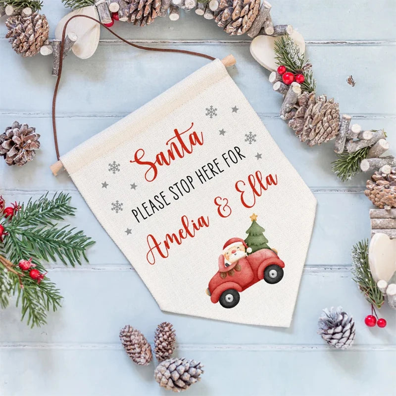 Personalised Name "Santa Stop Here" Christmas Banner Sign