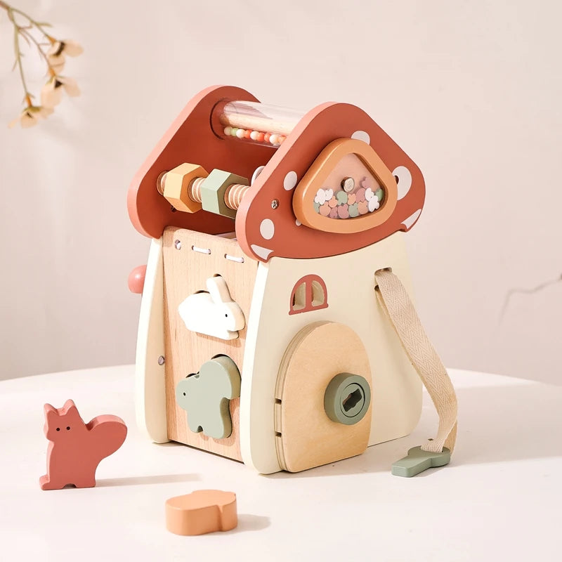 Wooden Mushroom House | Montessori 5-in-1 Busy Cube Activity Toy