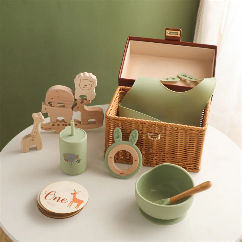 Luxury 8-Piece Baby Gift Set | Silicone Tableware, Wooden Toys &amp; Monthly Milestone Cards