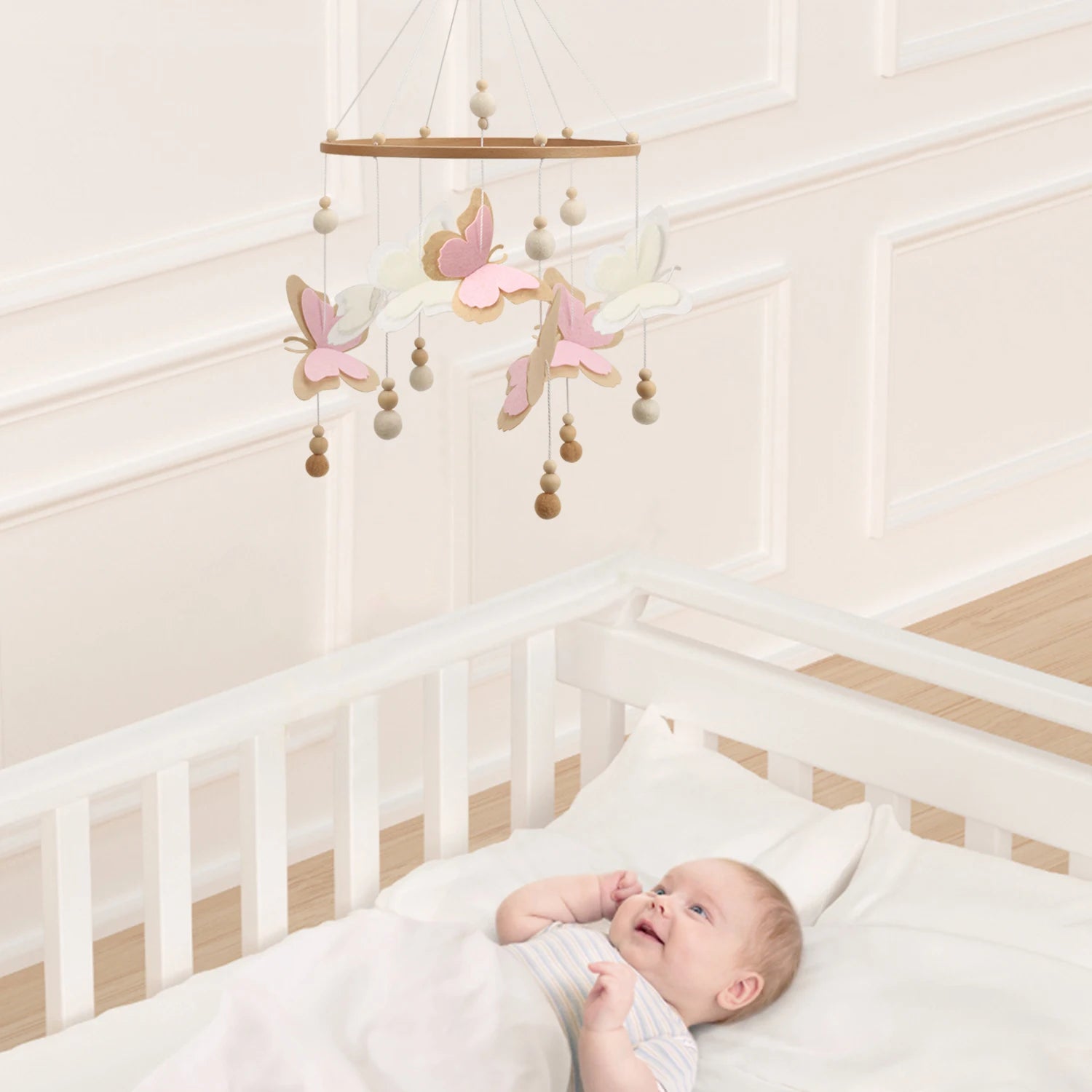 Pink Butterfly Baby Mobile | Eco-Friendly Felt &amp; Wood Cot Mobile In baby room 