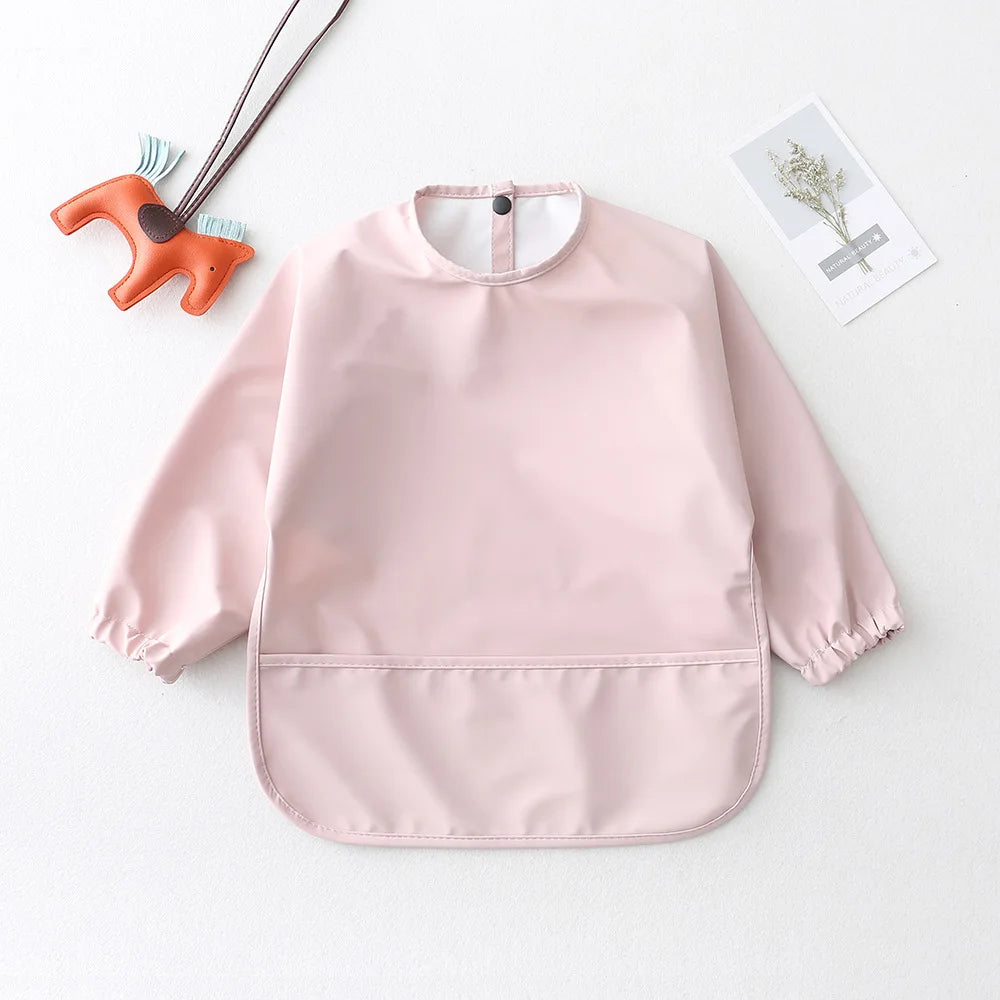 Solid Colour Baby Feeding Smock - Waterproof Long Sleeve Apron with Pocket baby light pink