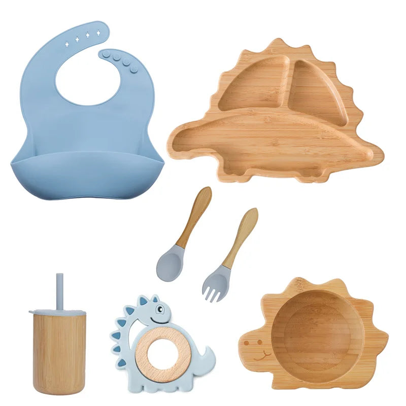 Eco-Friendly Dinosaur Bamboo Baby Feeding Set - 7pcs | Non-Slip Suction Cups &amp; Teether Blue