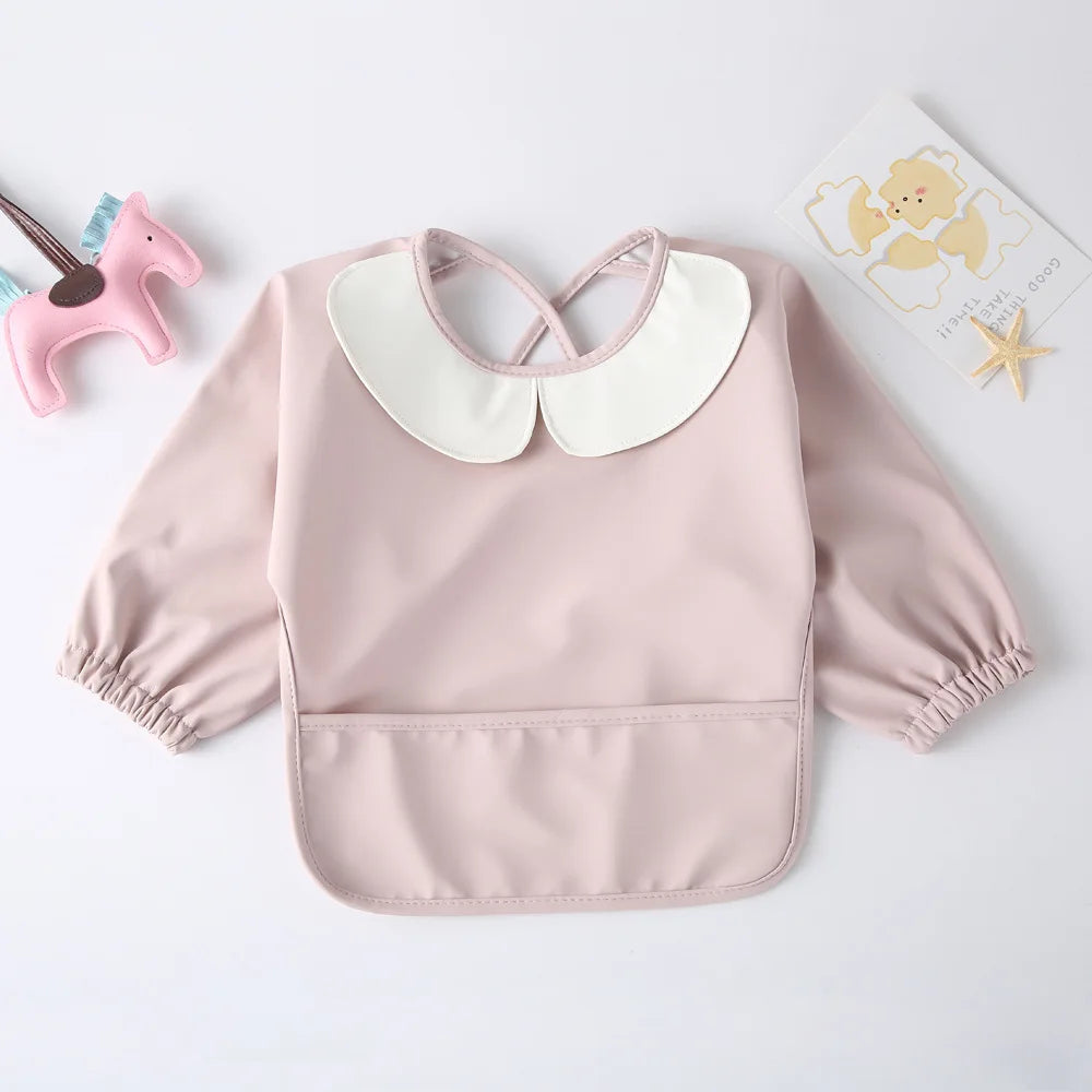 Full Sleeve Feeding Smock Bib with Adorable Thrilled Collar - Solid Colour dusty pink light pink