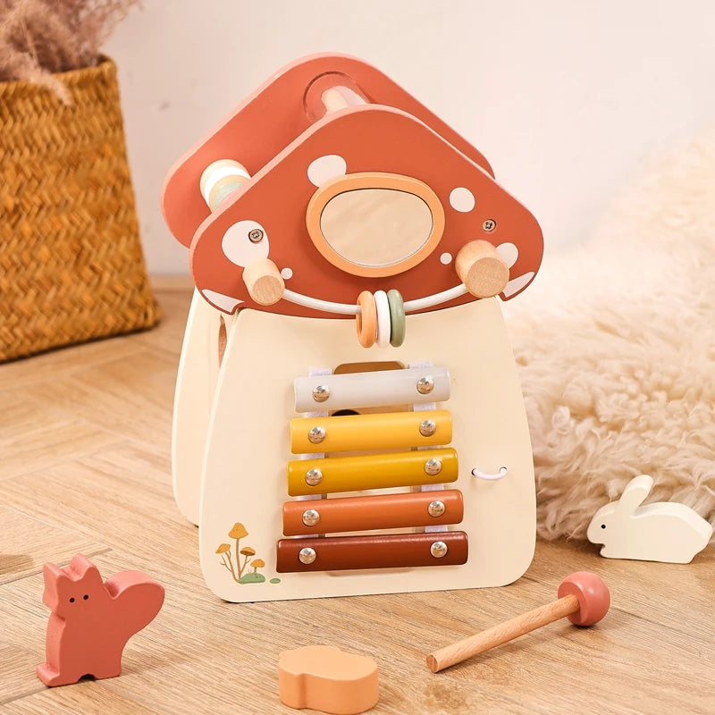 Wooden Mushroom House | Montessori 5-in-1 Busy Cube Activity Toy