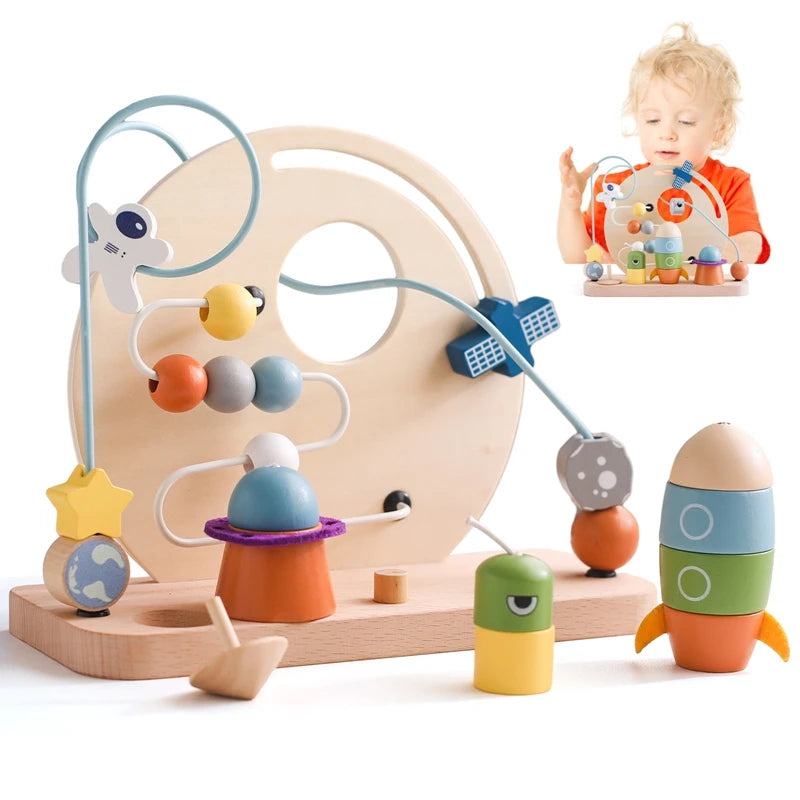 Wooden Space-Themed Beaded Busy Toy for Babies | Educational &amp; Eco-Friendly Fun