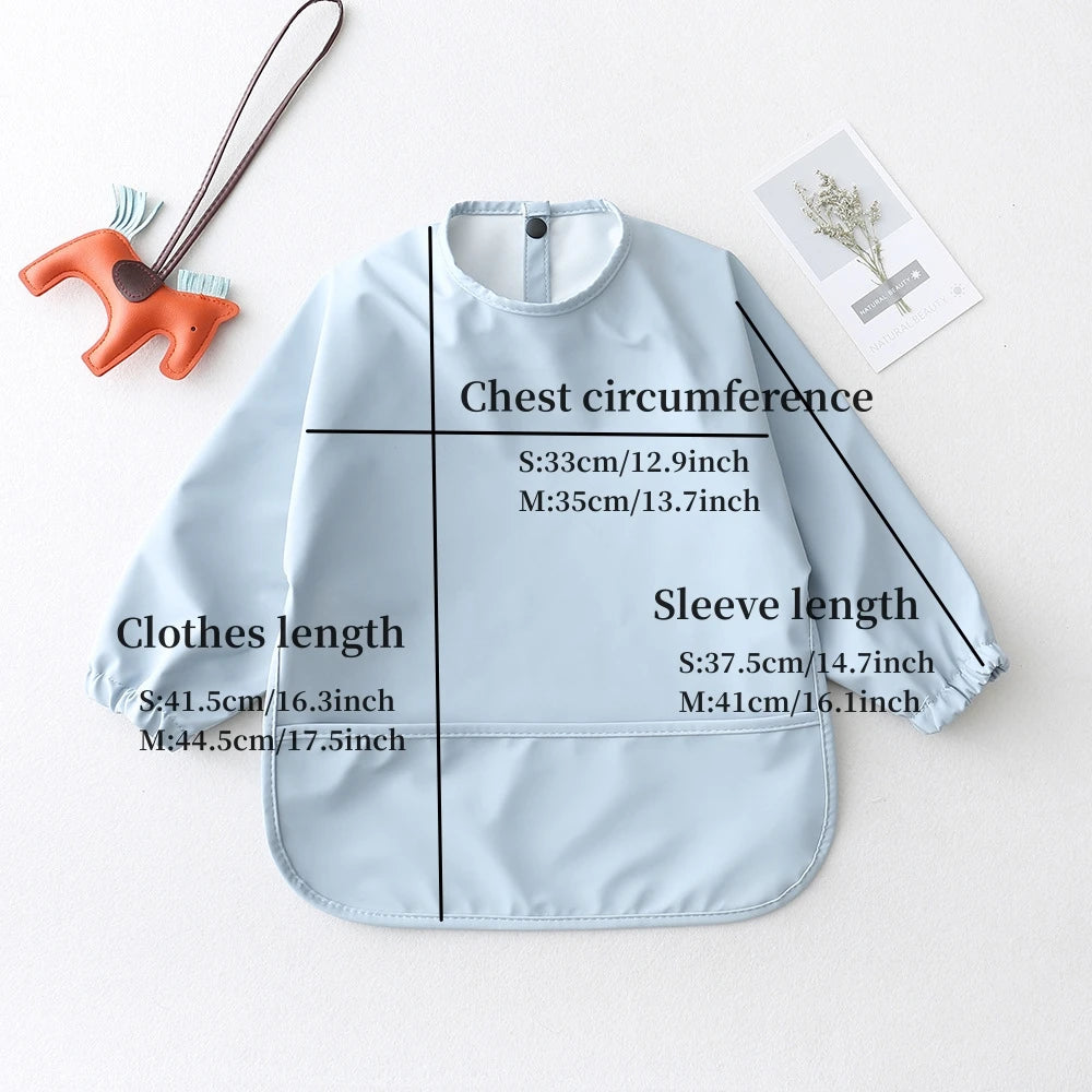 Solid Colour Baby Feeding Smock - Waterproof Long Sleeve Apron with Pocket Size Chart