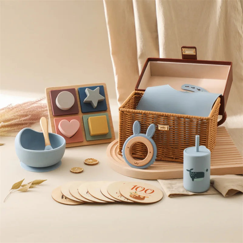 Luxury 8-Piece Baby Gift Set | Silicone Tableware, Wooden Toys &amp; Monthly Milestone Cards