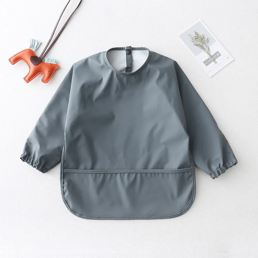 Solid Colour Baby Feeding Smock - Waterproof Long Sleeve Apron with Pocket gun metal charcoal