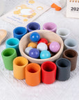 Enhance your child's fine motor skills, cognitive development, and colour recognition with our Montessori Wooden Balls in Cups Sorter. This educational toy includes 12 wooden balls, 12 cups, a bowl, a spoon, and a storage bag. Perfect for ages 3+, it promotes sequencing, problem-solving, and imaginative play. Made from high-quality, non-toxic wood for safe play.