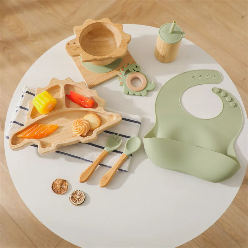 Eco-Friendly Dinosaur Bamboo Baby Feeding Set - 7pcs | Non-Slip Suction Cups &amp; Teether