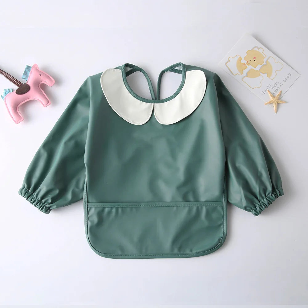 Full Sleeve Feeding Smock Bib with Adorable Thrilled Collar - Solid Colour green