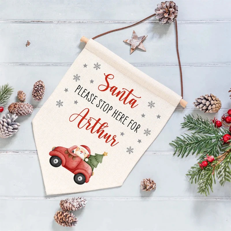 Personalised Name "Santa Stop Here" Christmas Banner Sign