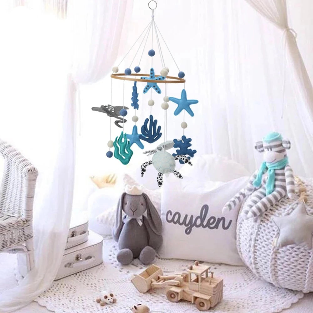 Under The Sea Felt Baby Mobile - Ocean Turtles & Ray - Hanging in modern nursery