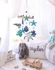 Under The Sea Felt Baby Mobile - Ocean Turtles & Ray - Hanging in modern nursery