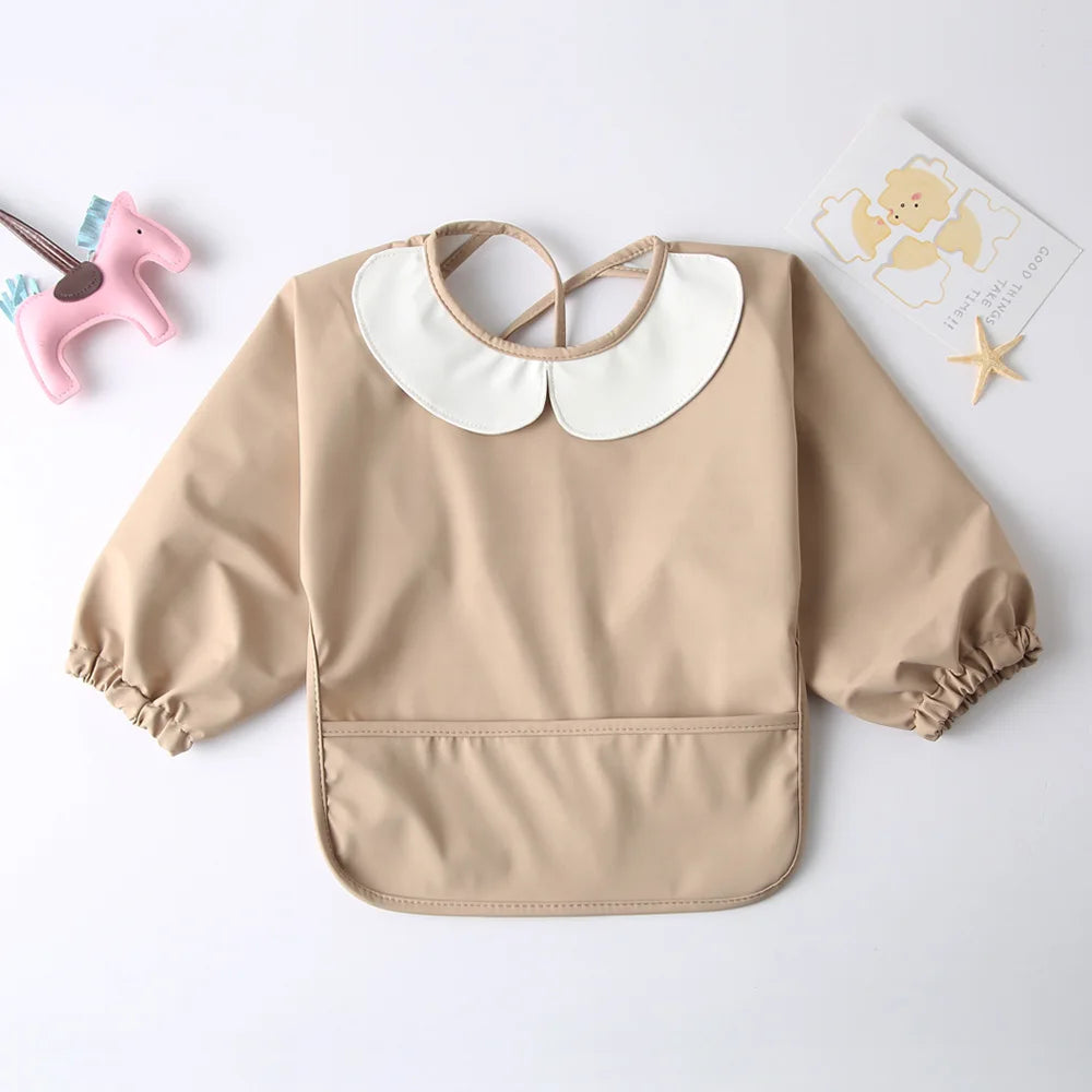 Full Sleeve Feeding Smock Bib with Adorable Thrilled Collar - Solid Colour Beige