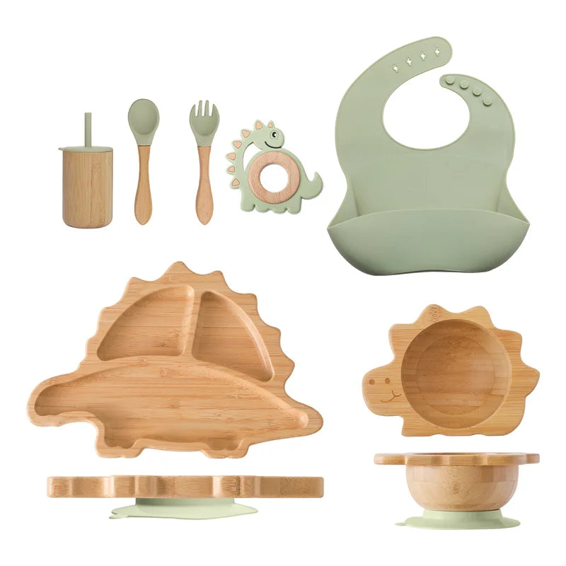 Eco-Friendly Dinosaur Bamboo Baby Feeding Set - 7pcs | Non-Slip Suction Cups &amp; Teether green