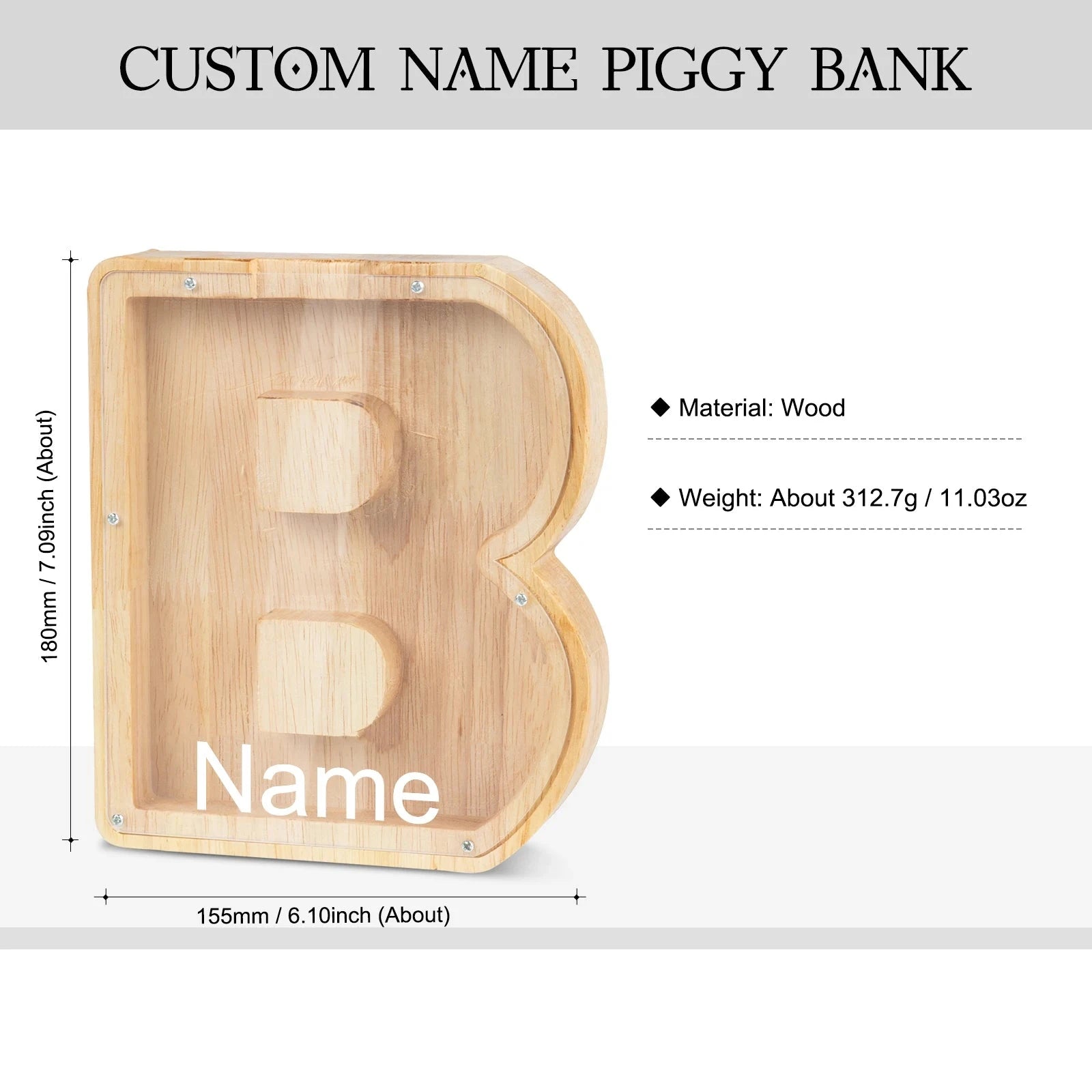 Size - Personalised Wooden Initial Letter Piggy Bank - Custom Name Gifts for Kids From Baby Stork