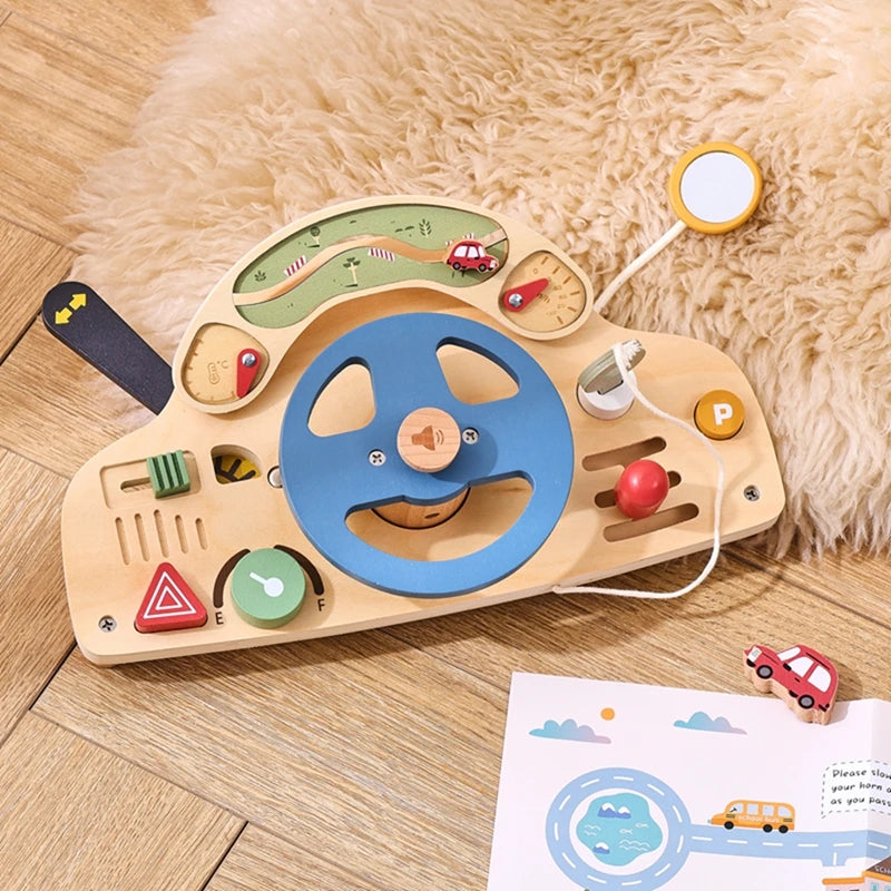 Wooden Steering Wheel Toy - Car Console Busy Board for Toddlers | Sensory Early Education Gift