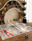 Children's Learning Area Rug - Cartoon Aeroplane and Hot Air Balloon Design for Kids' Room and Playroom