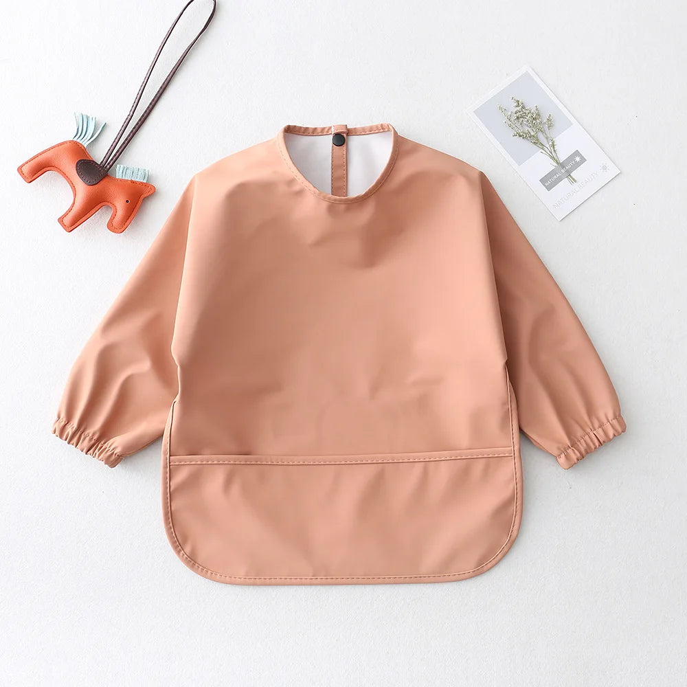 Solid Colour Baby Feeding Smock - Waterproof Long Sleeve Apron with Pocket Terracotta orange