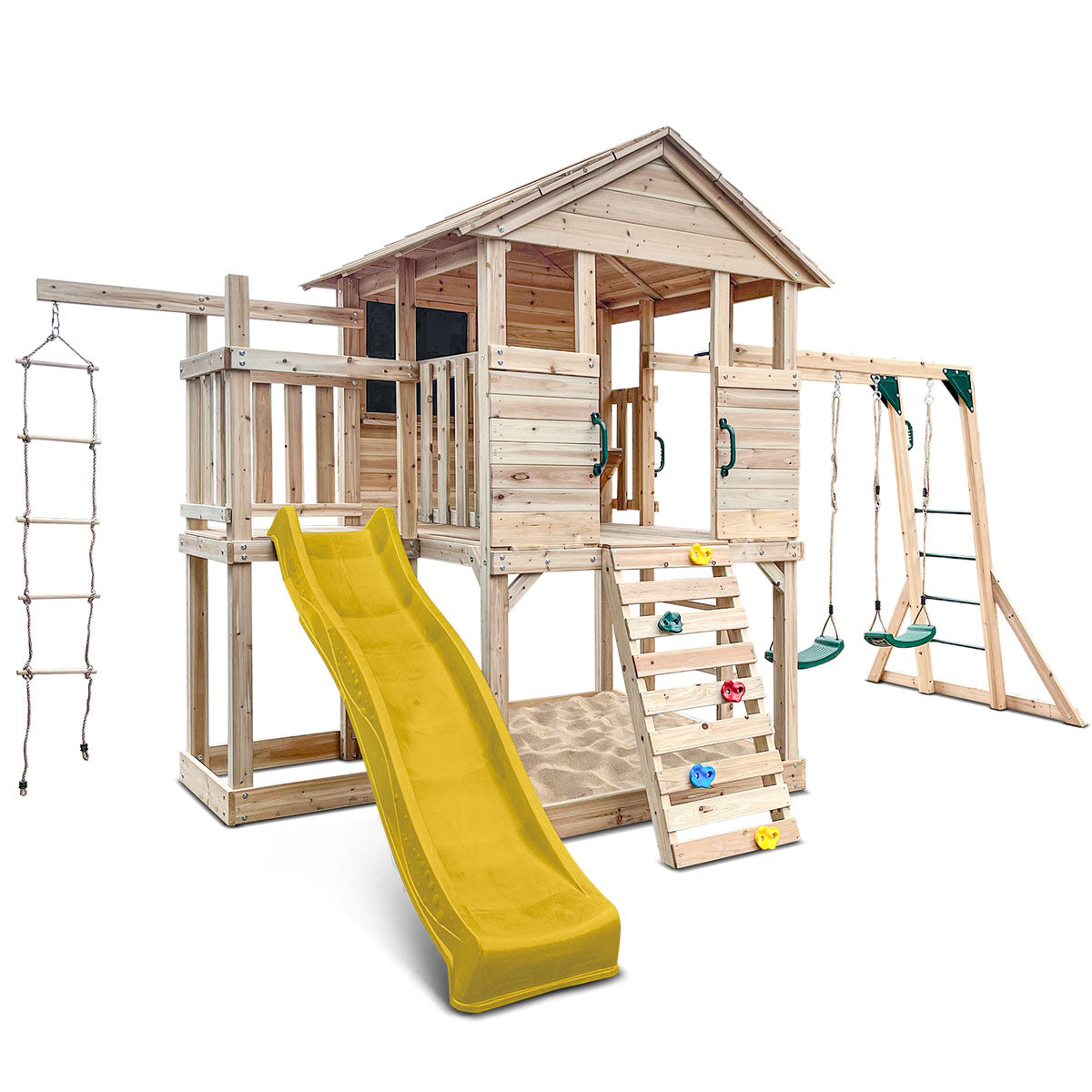 Wooden Kids Play Centre with Cubby House &amp; 2.2m Yellow Slide | Outdoor Adventure Set