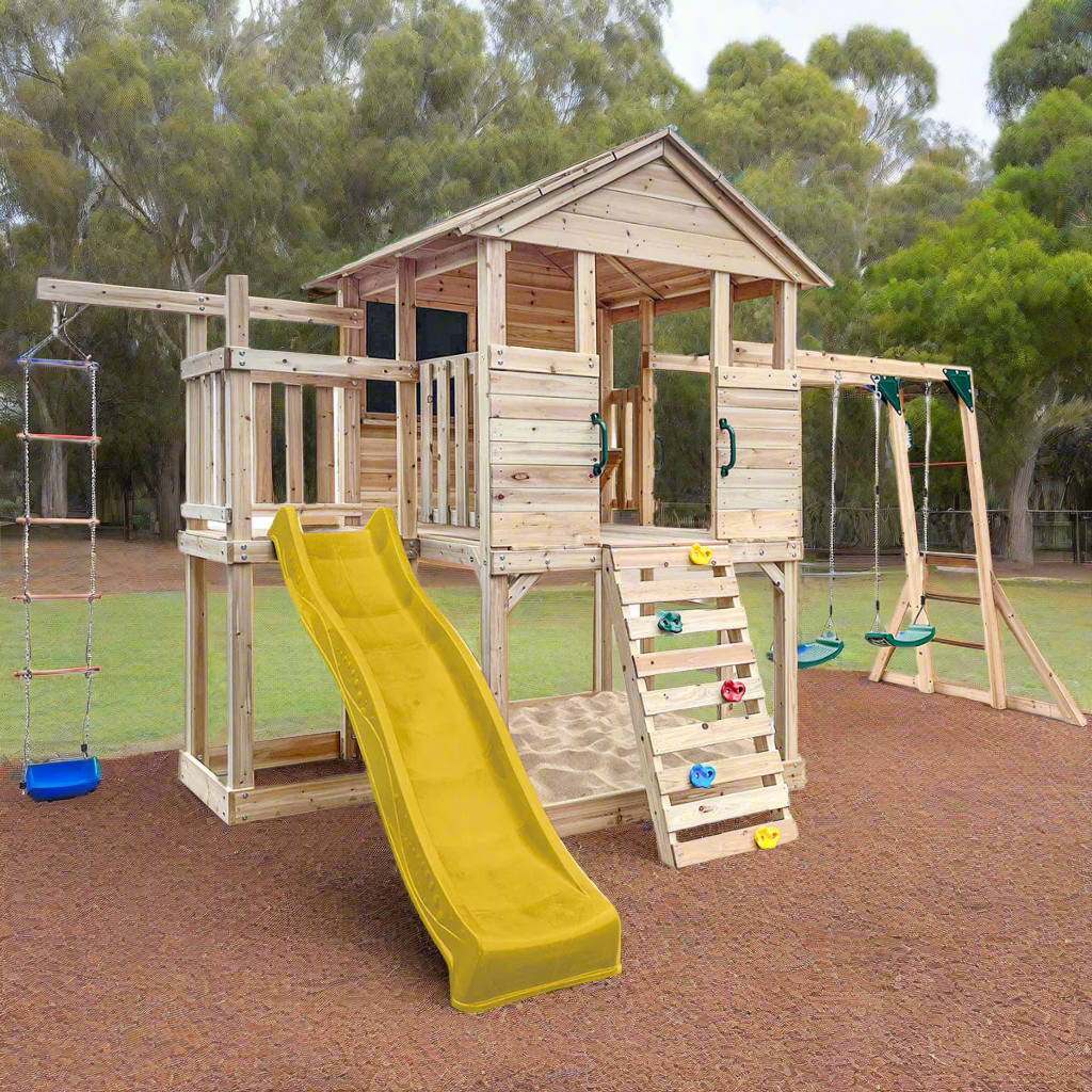 Wooden Kids Play Centre with Cubby House &amp; 2.2m Yellow Slide | Outdoor Adventure Set