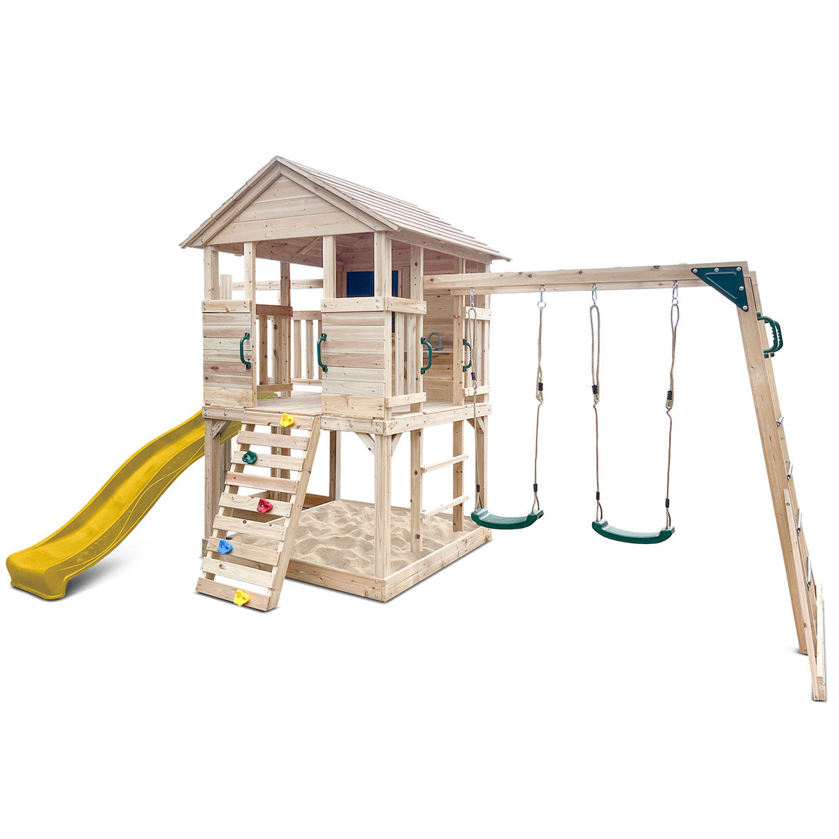 Wooden Kids Play Centre with Cubby House &amp; 2.2m Yellow Slide | Outdoor Adventure Set