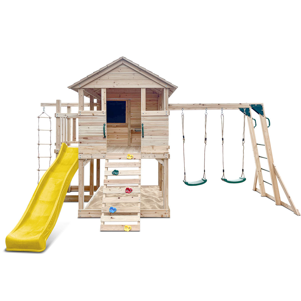 Wooden Kids Play Centre with Cubby House &amp; 2.2m Yellow Slide | Outdoor Adventure Set