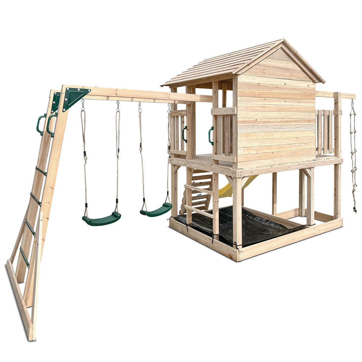 Wooden Kids Play Centre with Cubby House &amp; 2.2m Yellow Slide | Outdoor Adventure Set