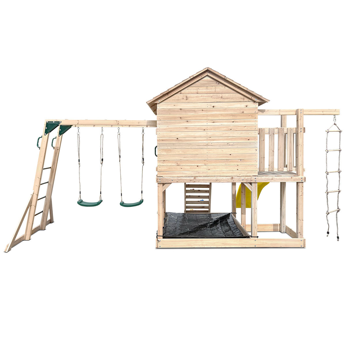 Wooden Kids Play Centre with Cubby House &amp; 2.2m Yellow Slide | Outdoor Adventure Set