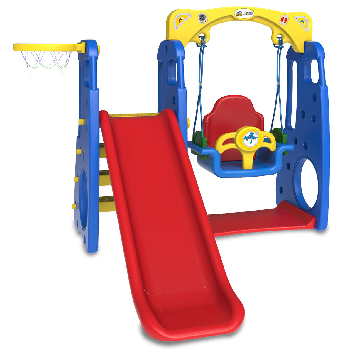 Kids 4-in-1 Slide &amp; Swing Playset with Basketball Hoop &amp; Music | Indoor &amp; Outdoor Fun