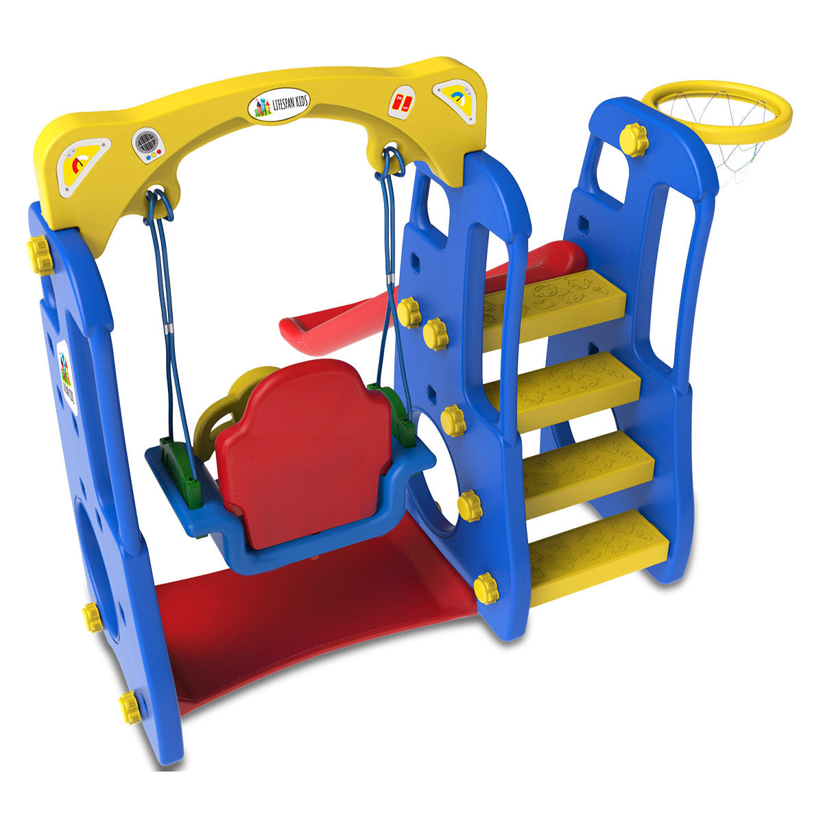 Kids 4-in-1 Slide &amp; Swing Playset with Basketball Hoop &amp; Music | Indoor &amp; Outdoor Fun