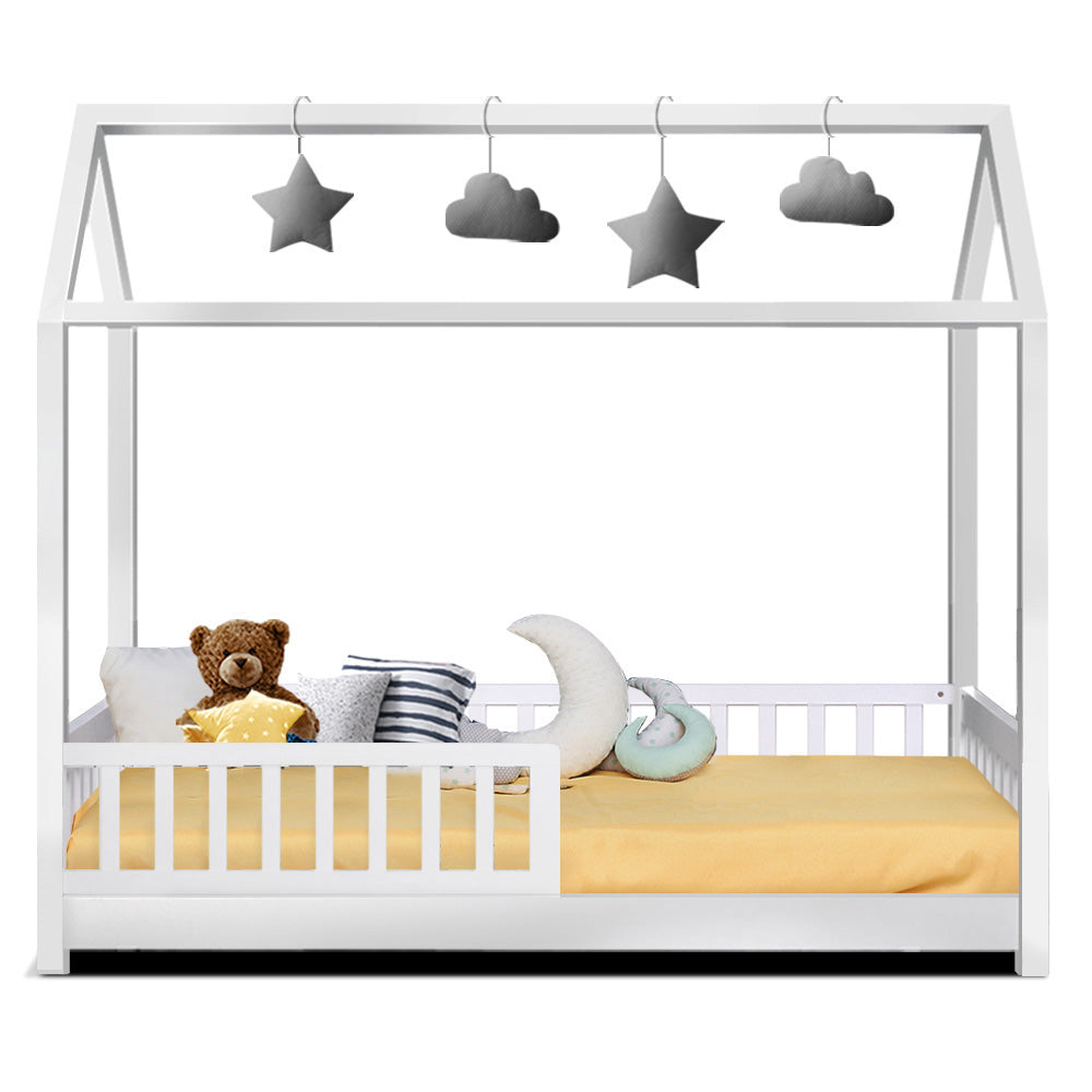 Artiss Bed Frame Wooden Kids House Rock Frame - White | Stylish &amp; Safe Design