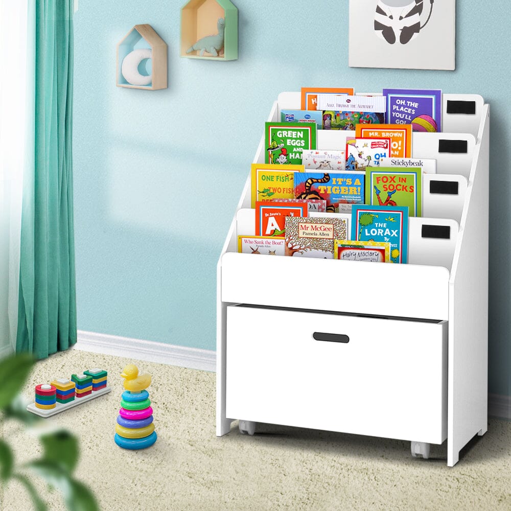 Creative Corner: 4-Tier Bookshelf with Chalkboard Labels &amp; Toy Storage Baby &amp; Kids &gt; Kid&#39;s Furniture Keezi 