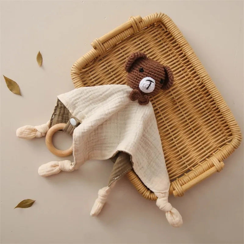 Crochet Animal Comforter - Cotton Sleep Aid with Wooden Ring Baby Toys & Activity Equipment Storkke Bear 