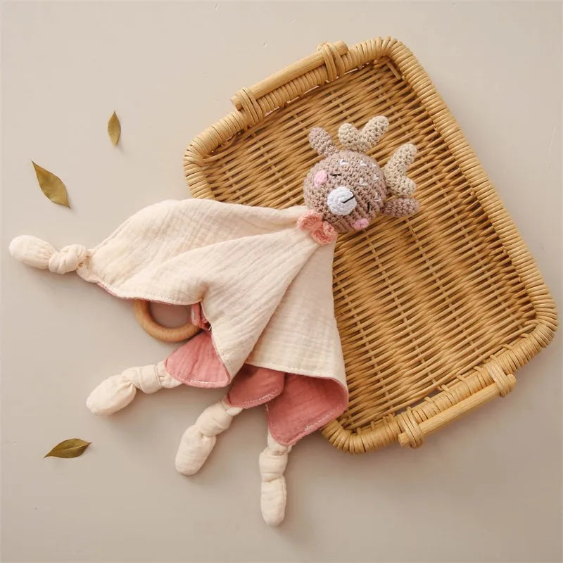 Crochet Animal Comforter - Cotton Sleep Aid with Wooden Ring Baby Toys & Activity Equipment Storkke Deer 