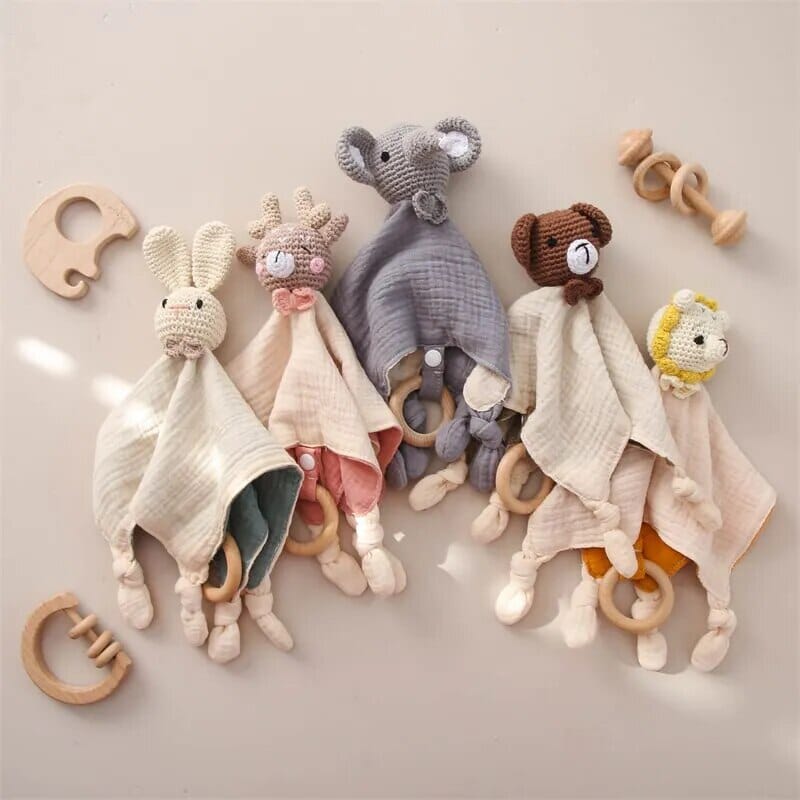 Crochet Animal Comforter - Cotton Sleep Aid with Wooden Ring Baby Toys &amp; Activity Equipment Storkke Elephant 