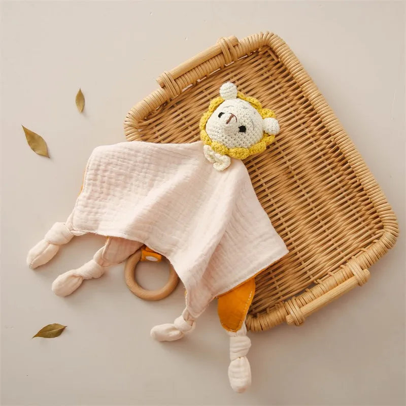 Crochet Animal Comforter - Cotton Sleep Aid with Wooden Ring Baby Toys &amp; Activity Equipment Storkke Lion 