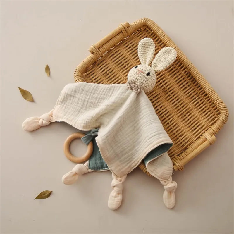 Crochet Animal Comforter - Cotton Sleep Aid with Wooden Ring Baby Toys & Activity Equipment Storkke Rabit 