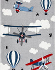 Children's Learning Area Rug - Cartoon Aeroplane and Hot Air Balloon Design for Kids' Room and Playroom