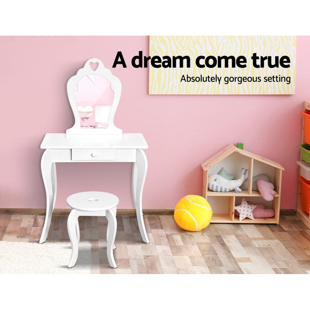Keezi Kids Dressing Table Stool Set Vanity Mirror Princess Children Makeup White Baby & Kids > Kid's Furniture Baby Stork 