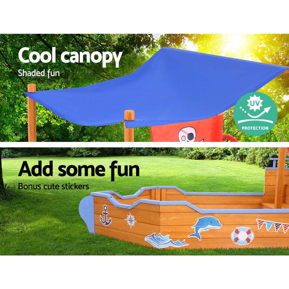 Keezi Kids Sandpit Wooden Boat Sand Pit with Canopy Bench Seat Beach Toys 165cm Baby &amp; Kids &gt; Toys Baby Stork 