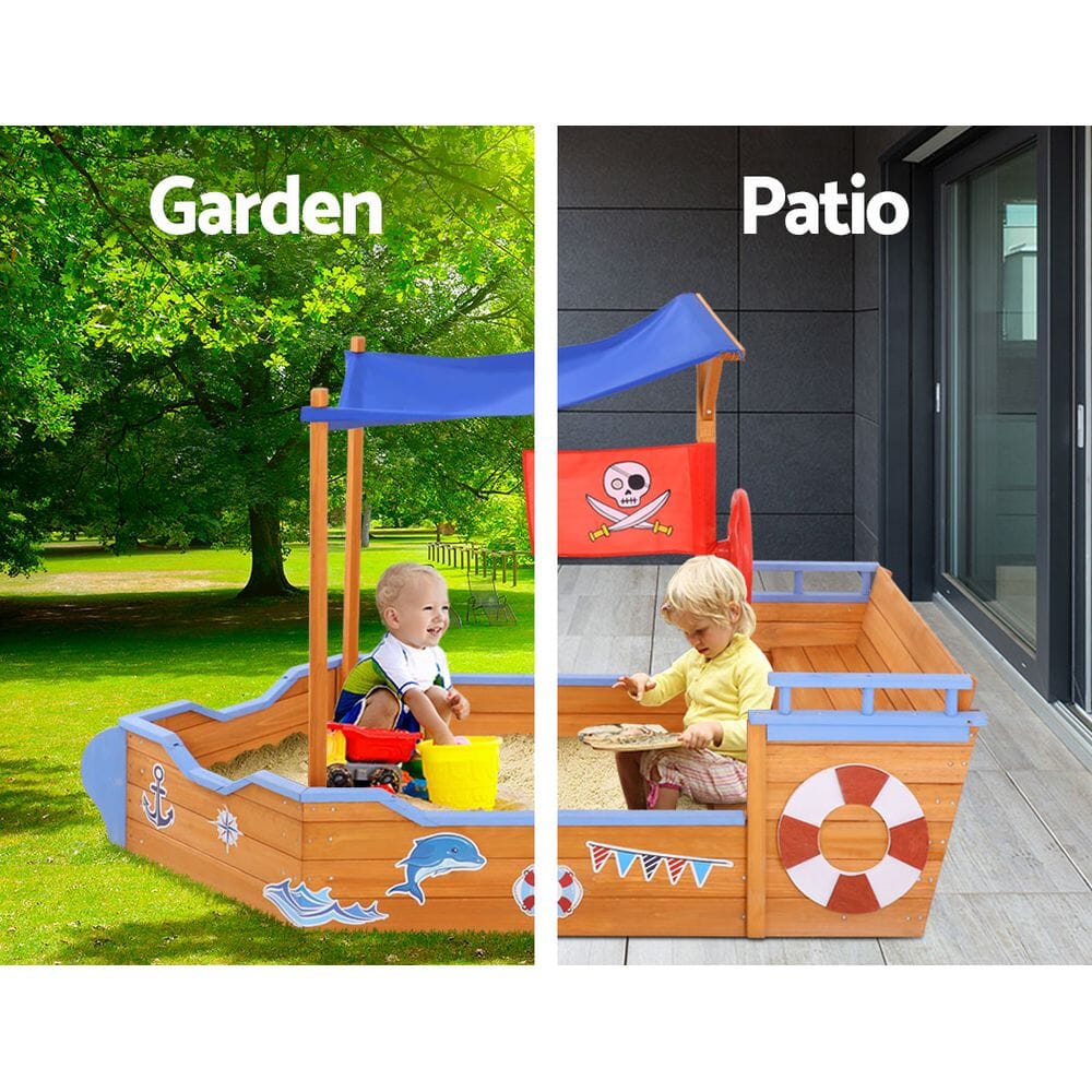 Keezi Kids Sandpit Wooden Boat Sand Pit with Canopy Bench Seat Beach Toys 165cm Baby &amp; Kids &gt; Toys Baby Stork 