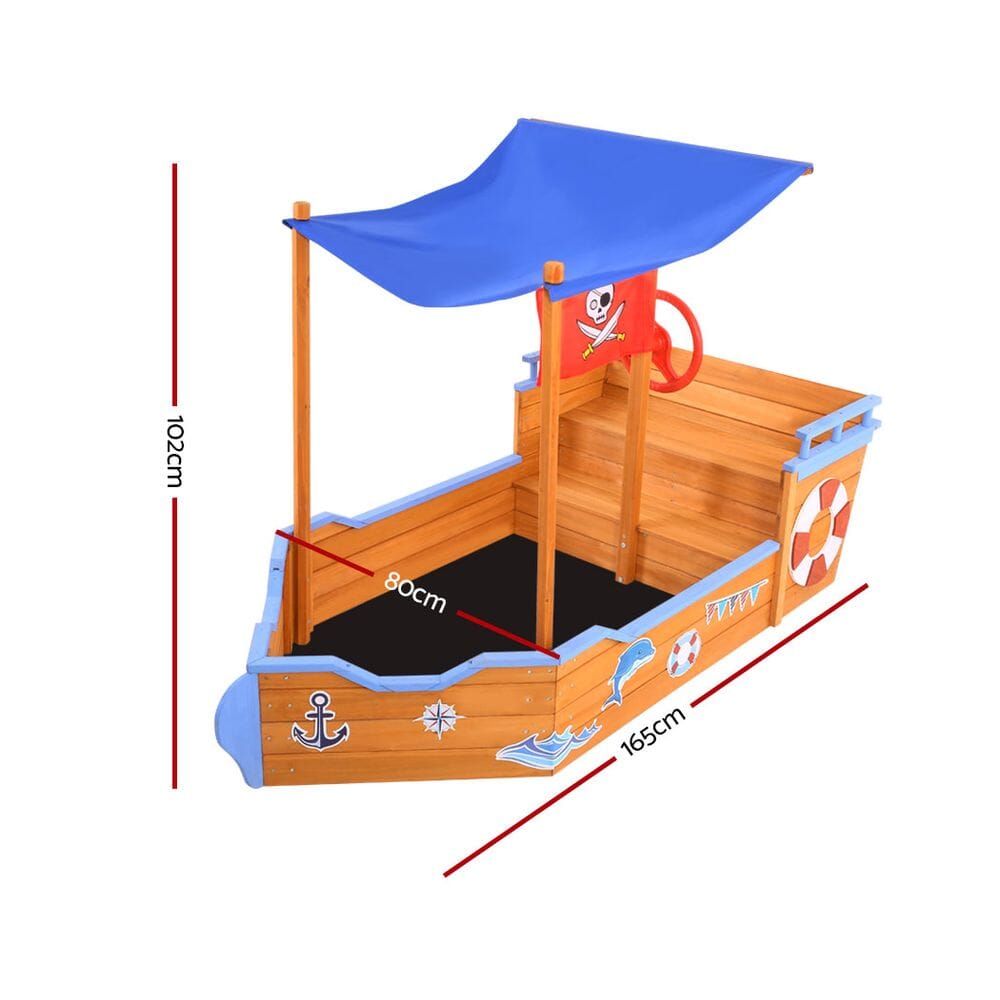 Keezi Kids Sandpit Wooden Boat Sand Pit with Canopy Bench Seat Beach Toys 165cm Baby &amp; Kids &gt; Toys Baby Stork 