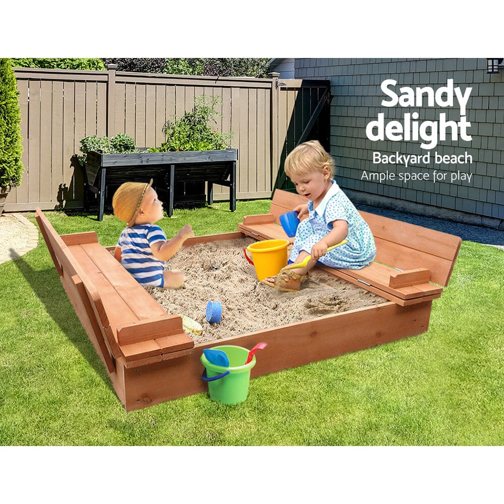 Keezi Kids Sandpit Wooden Sandbox Sand Pit Foldable Seat Outdoor Beach Toys 90cm Baby & Kids > Toys Baby Stork 