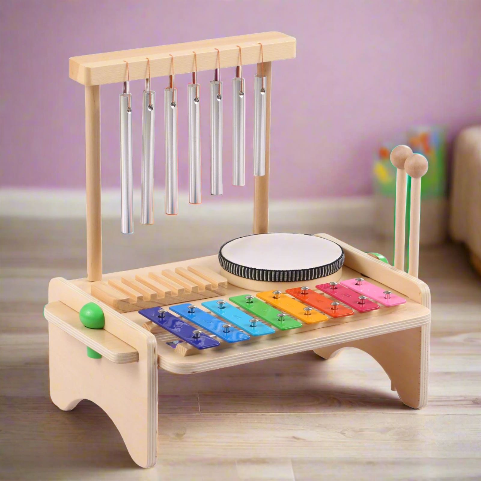 Kids Musical Instrument Set - 4-in-1 Drum, Xylophone, Wind Chime, and Scraper Musical Toy Baby Stork 